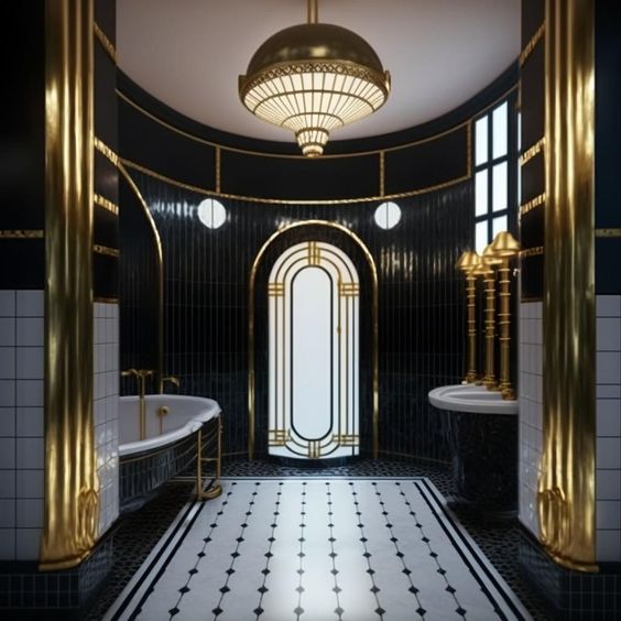 Eksempel på et badeværelse med Art Deco stil i sort, hvid og guld